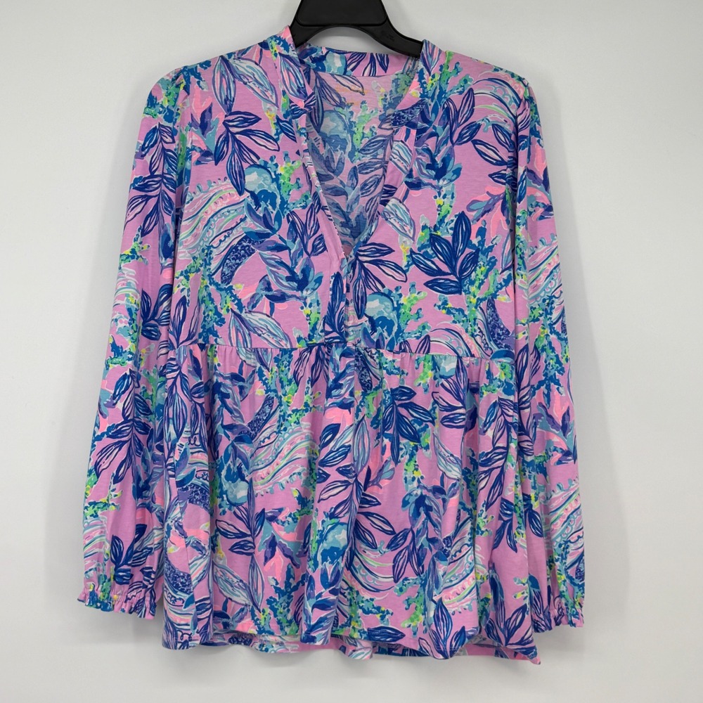 Lilly Pulitzer Women Large Pink Blue Floral Babydoll Peplum Long Sleeve Top L